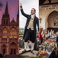 Collage of a cathedral, an open-air preacher, a church-run food bank